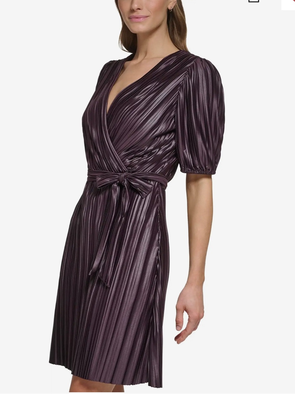 DKNY Pleated Wrap Midi Dress in Deep Plum